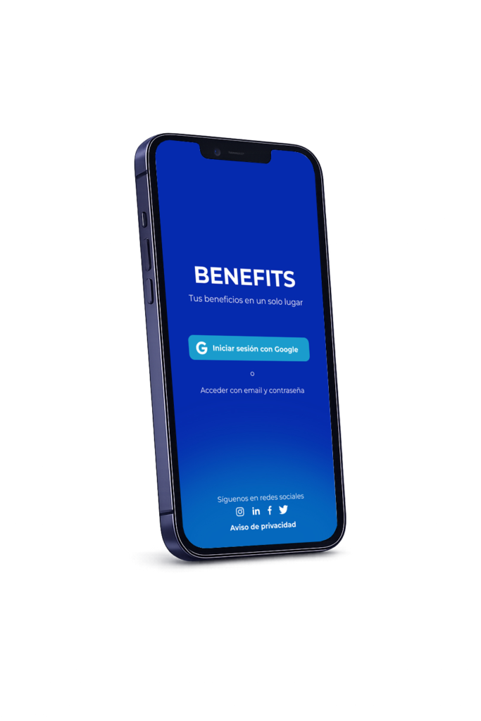 Mobile UI of a benefits management app showing login screen and dashboard with improved navigation and user modules