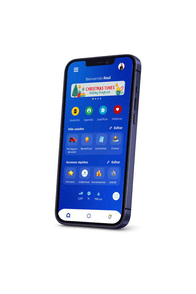 Mobile UI of a benefits management app dashboard showing user modules and navigation