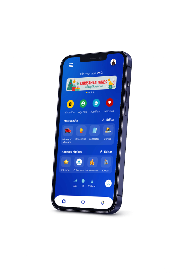 Mobile UI of a benefits management app dashboard showing user modules and navigation