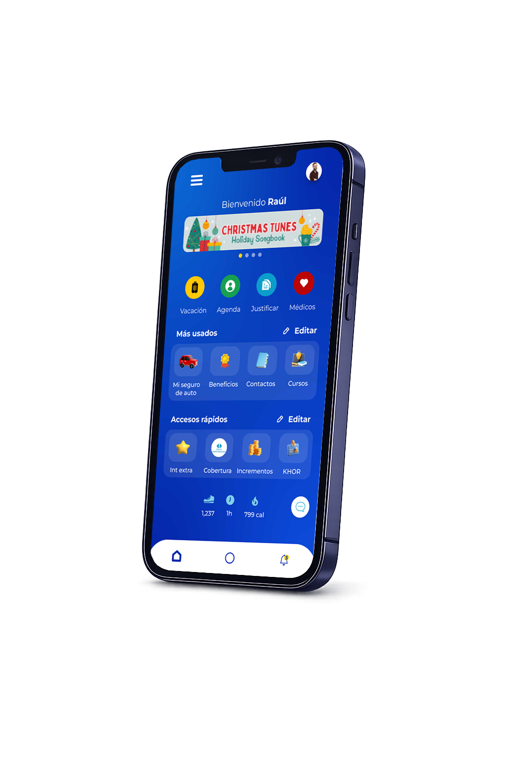 Mobile UI of a benefits management app dashboard showing user modules and navigation