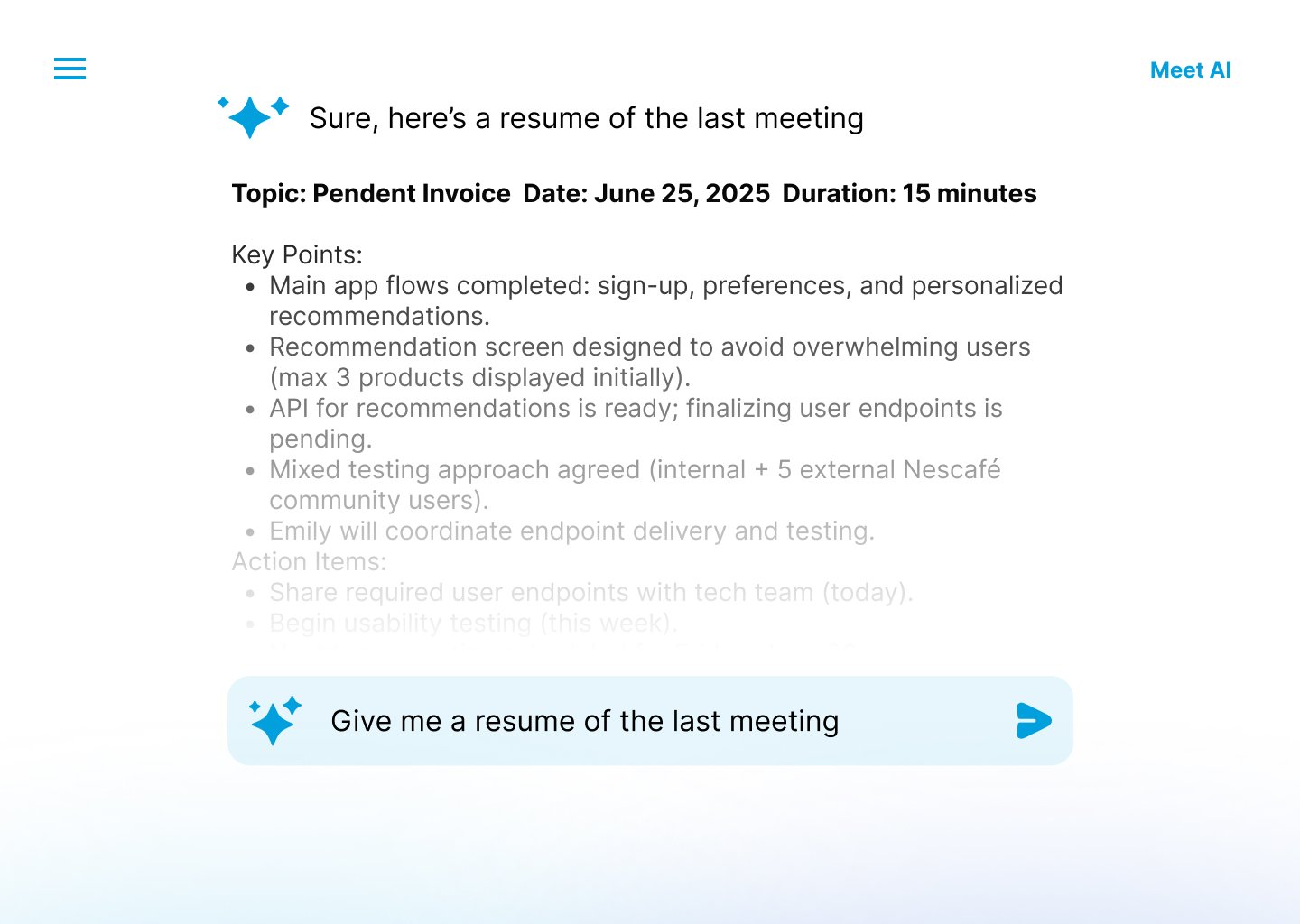 Main screen - Resume o last meeting